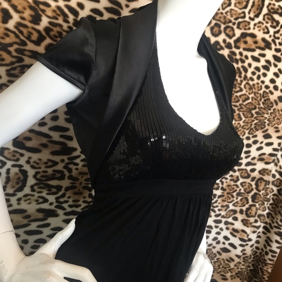 Plunging Neckline Black Sequin H & M Dress w/ Satin Le Chateau Bolero Jacket - Picture 4 of 15